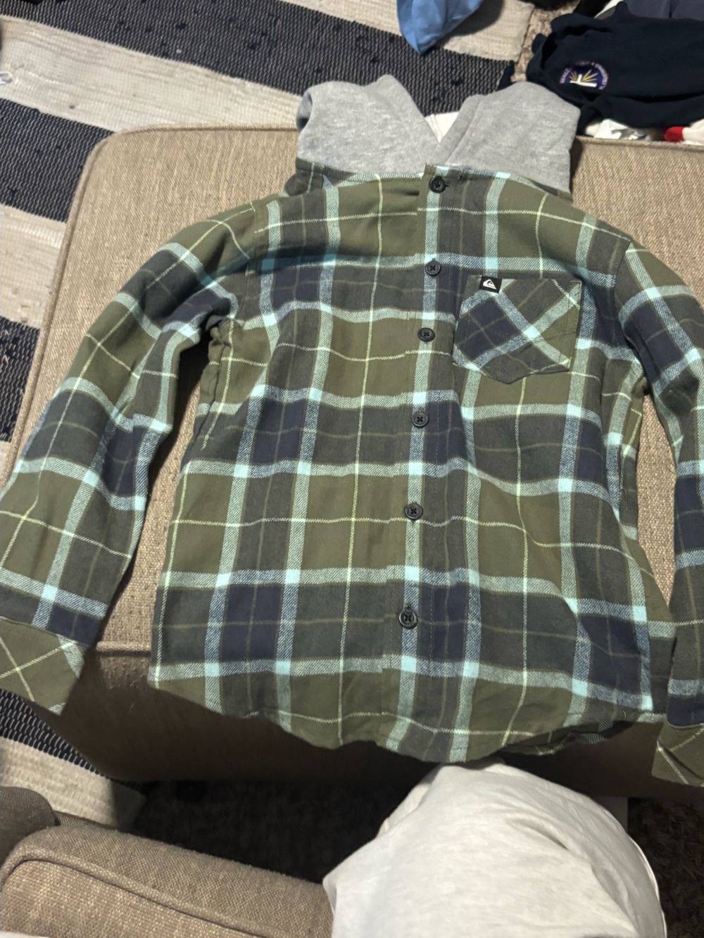 Green Plaid Button-Up Shirt with Gray Hood